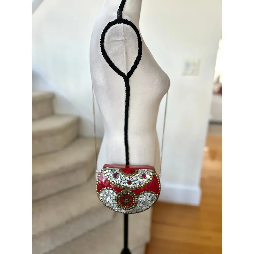 Red White & Brass Pearlescent Mosaic Mini Crossbody Purse Western Boho Indian